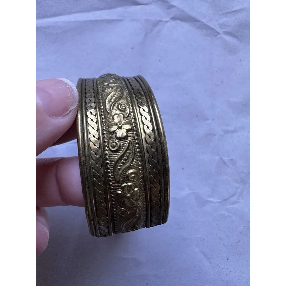 Vintage Brass Cuff  Bracelet bohemian or ethnic aesthetic embossed floral design
